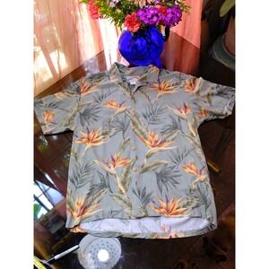 Paradise Found Mens Hawaiian Shirt Medium Sage Green Bird of Paradise Rayon M